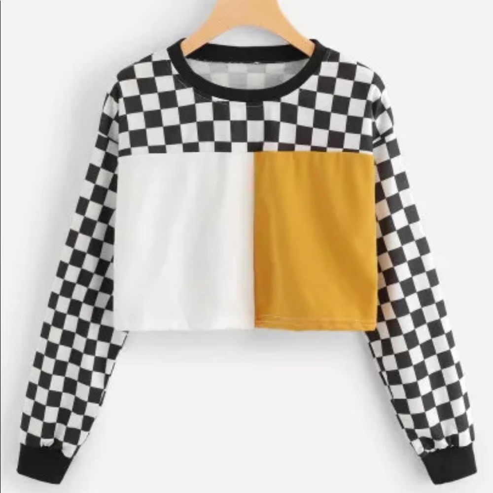 Checker color block cropped light sweat shirt.